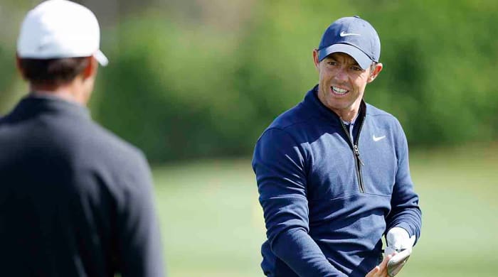 Rory McIlroy uses the practice area prior to the 2024 Players Championship at TPC Sawgrass in Ponte Vedra Beach, Fla.